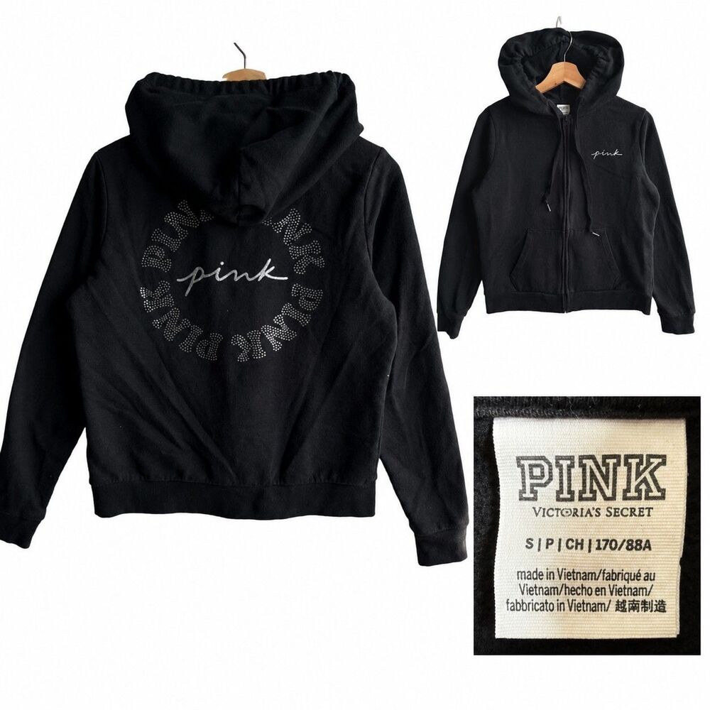 Y2K Pink Victoria's Secret Bling Campus Full Zip Hoodie Fleece Black Women Small